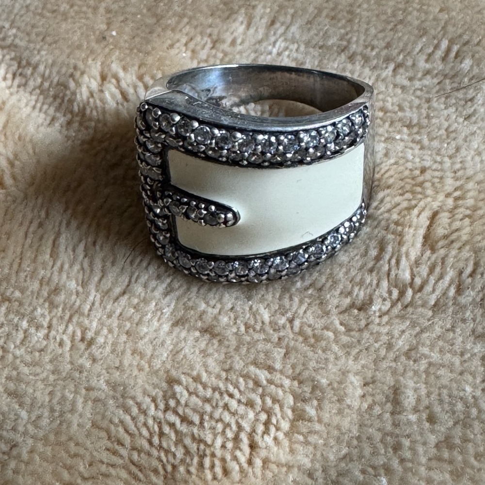 Vintage ARD 925 Sterling Silver Buckle Ring w/CZ White Stones - size 9